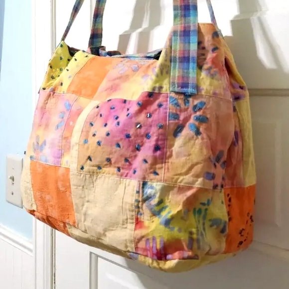 Original by Jernigan Orange Green Blue Plaid Beaded Large Hobo Shoulder Bag Tote - Picture 4 of 13